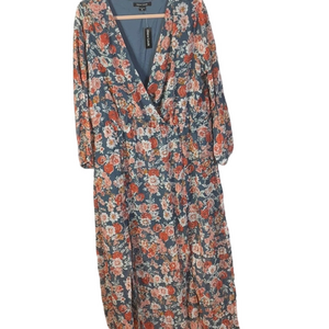 New Look Size 2X Lined Blue and Red Floral Wrap Long Sleeve Maxi Dress